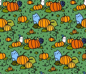 Autumn pattern with pumpkins, cats and ghosts in a witch hat. Halloween picture. Doodle in green and orange colors.