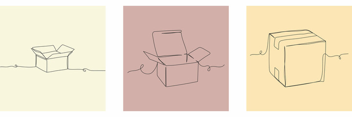 Vector continuous one single line drawing of set vector of cardboard box in silhouette on a white background. Linear stylized.