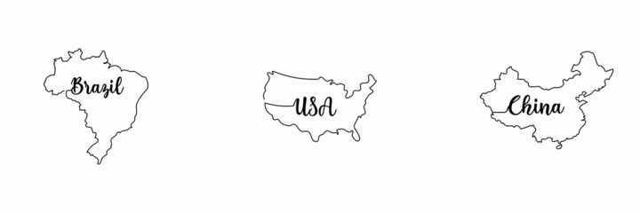 Vector continuous one single line drawing of set vector of China Brazil USA map in silhouette on a white background. Linear stylized.
