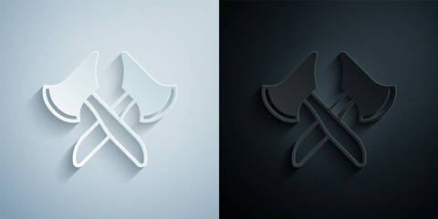 Paper cut Wooden axe icon isolated on grey and black background. Lumberjack axe. Paper art style. Vector