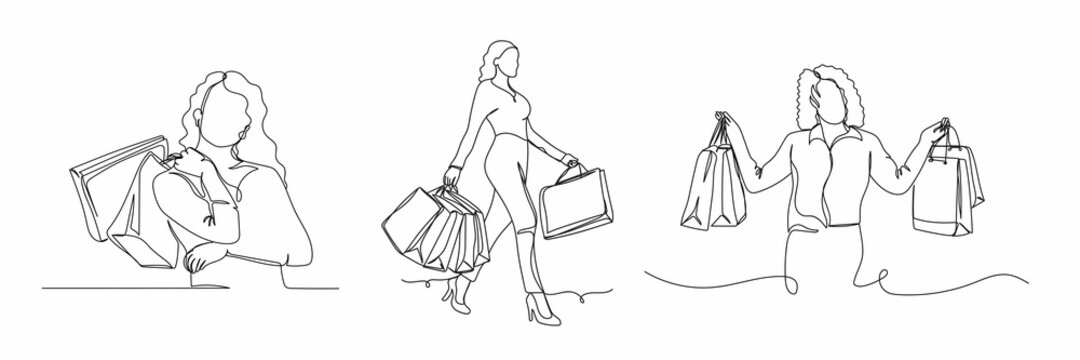 Vector continuous one single line drawing of set vector of beautiful woman with bags at the shopping black friday concept. in silhouette on a white background. Linear stylized.