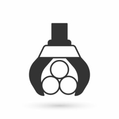 Grey Grapple crane grabbed a log icon isolated on white background. Forest industry. Industrial crane for lumber trunk wood production. Vector