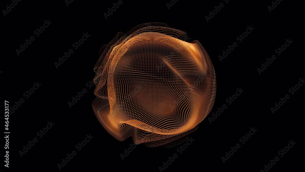 Poster looped distortion waves on abstract golden sphere of particles. digital data splash of spherical poi