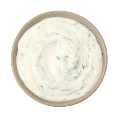 Tasty creamy dill sauce in bowl isolated on white, top view