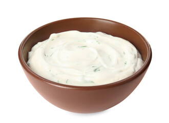 Tasty creamy dill sauce in bowl isolated on white