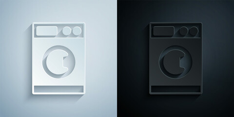 Paper cut Washer icon isolated on grey and black background. Washing machine icon. Clothes washer - laundry machine. Home appliance symbol. Paper art style. Vector