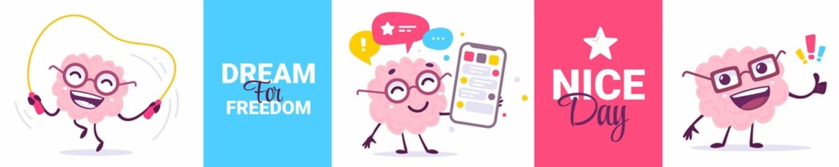 Vector set of creative illustration of happy brain character in