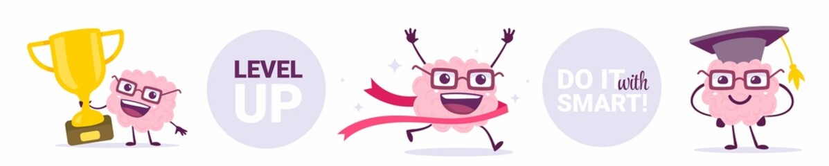 Fototapeta premium Vector set of creative illustration of happy brain character in
