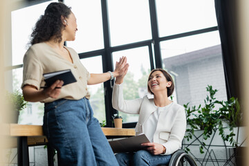 happy businesswoman in wheelchair giving high five to african american colleague in office