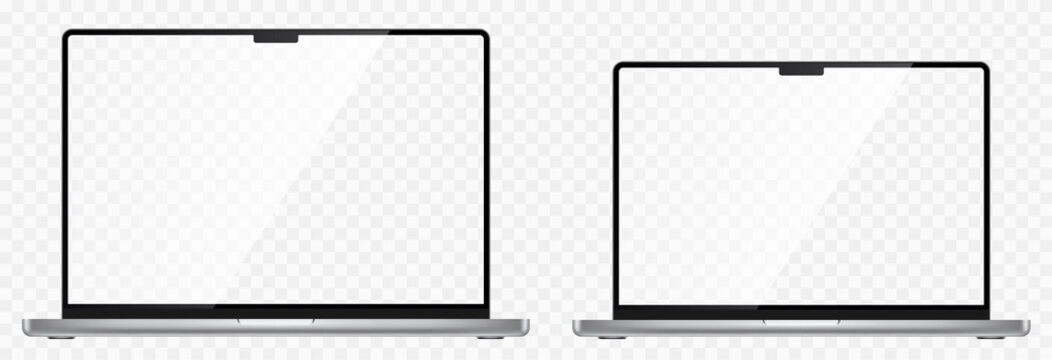 Realistic laptop set. Laptop computer or notebook computer 14 and 16 inches screen. 3D laptops mockup. Blank screen isolated on transparent background - stock vector.