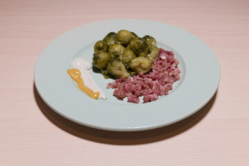 brussels sprouts dinner plate, bacon in 45 degree view