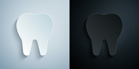 Paper cut Tooth icon isolated on grey and black background. Tooth symbol for dentistry clinic or dentist medical center and toothpaste package. Paper art style. Vector