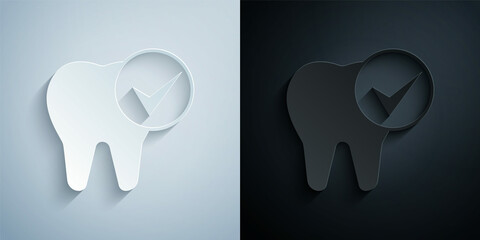 Paper cut Tooth icon isolated on grey and black background. Tooth symbol for dentistry clinic or dentist medical center and toothpaste package. Paper art style. Vector