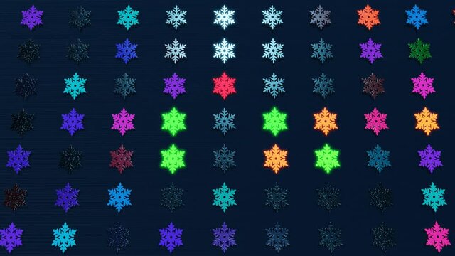 Christmas composition as a New Year background from a garland with bulbs in form of snowflakes that lie on a plane. 3d render of running multicolor lights on a garland of snowflakes