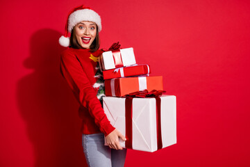 Profile side photo of excited lady shop gift magic jolly holly atmosphere isolated over red color...