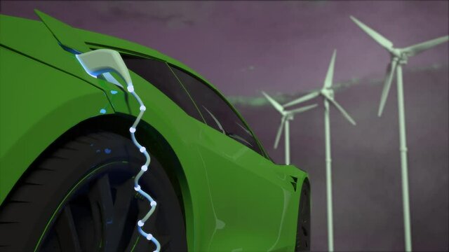 Generic electric green car charging with solar panels and wind turbines in background. Green energy concept. Generic car and logo design, logo in shape of plug, no intellectual property infringement