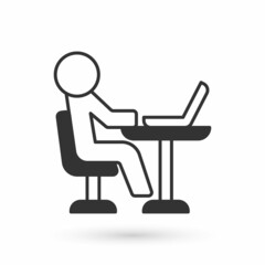 Grey Freelancer icon isolated on white background. Freelancer man working on laptop at his house. Online working, distant job concept. Vector