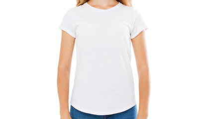 woman in white t-shirt close up isolated - cropped image