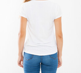 Obraz premium back view pretty girl in blank white t-shirt. t shirt design and people concept. Shirts front view isolated on white background, mock up, copy space