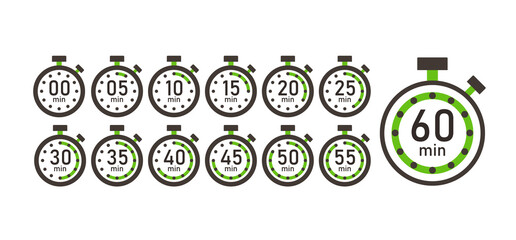 Cooking time, set of time counter icons from 5 minutes to 1 hour. Stopwatch Timer Clock Vector Illustration Isolated