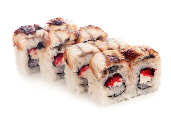 Philadelphia roll sushi with salmon, prawn, avocado, cream cheese. Sushi menu. Japanese food.