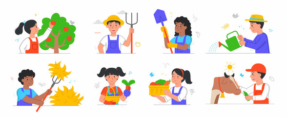 Children work on farm set. Boys and girls harvest, feed cow, clean leaves, water plants and hold tools. Small characters do housework. Cartoon flat vector collection isolated on white background