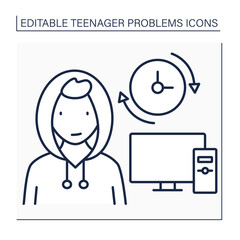 Teenage problem line icon.Spend a lot of time at computer. Avoid real life communication. Escape from reality. Addiction. Social issue concept. Isolated vector illustration. Editable stroke