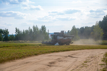 Obraz premium old tracktor plows the field. harvester harvests wheat from a sown agricultural field