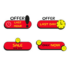 set pack tag  of stickers banners for sale at a discount. Shop or online shopping. electronic commerce. offer, last hour, last day, sale one day, only now. red background with clock