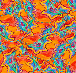 Paisley watercolor floral pattern tile: flowers, flores, tulips, leaves. Oriental indian traditional hand painted water color whimsical seamless print, ceramic design. Abstract india batik background