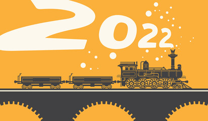 New Year card with a vintage steam locomotive train