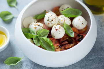 Close-up of caprese salad with mini mozzarella balls, red cherry tomatoes and fresh green basil served in a white bowl, studio shot