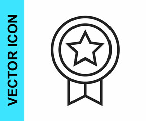 Black line Game rating with medal icon isolated on white background. Level results for game. Vector