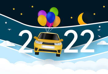happy new year 2022. Year 2022 with car and balloons on sky
