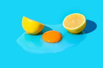 Lemon cut in half on pastel blue background with raw egg. Minimal composition.