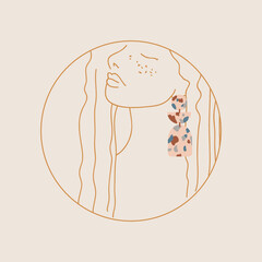 Silhouette of a redhead girl with freckles and curly hair. Trendy terrazzo earrings. Trendy jewelry for girls