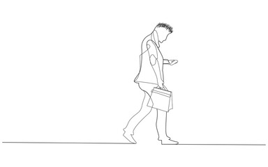 Businessman walking and typing sms message on cell phone. Man walking for marketing, poster, travel agency and magazine. Creative business concept, vector illustration