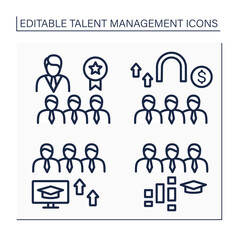 Talent management line icons set. Employer brand, employee retention, internship programs, training programs. Improving business performance concept. Isolated vector illustrations. Editable stroke