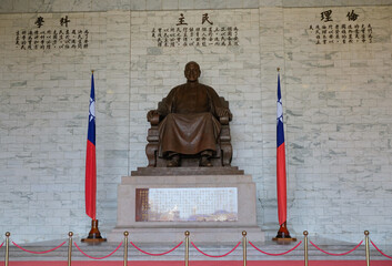 TAIPEI, TAIWAN - February 10, 2020: The bronze statue of Chiang Kai-Shek in the main chamber of Chiang Kai-Shek Memorial Hall.