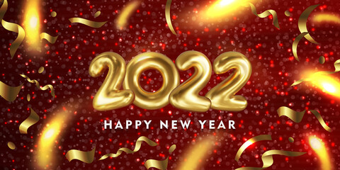 2022 Gold Shining 3d numbers and gold color confetti. Happy New Year greeting card. Vector illustration