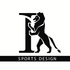 Letter I with Lion. Sporty Design. Creative Black Logo with Royal Character. Animal Silhouette. Stylish Template for Brand Name, Sports Club, Business Cards, Printing on Clothing. Vector Illustration