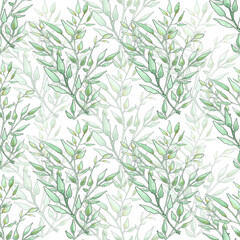 Fototapeta na wymiar Green branches on white background geometric seamless pattern