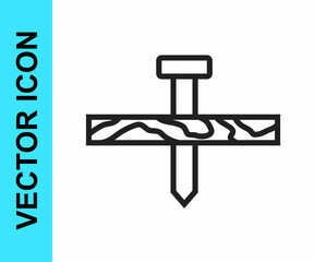 Black line Metallic nail and wood plank icon isolated on white background. Vector