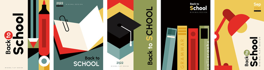 Back to school posters set. Colorful templates with pencil, book, graduation hat and lantern. Design elements for covers, social networks. Cartoon flat vector collection isolated on white background © Rudzhan
