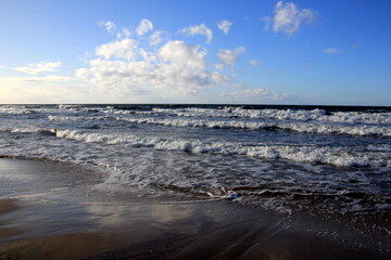 Seascape during a storm with large waves, Carnikava, Latvia. Big and powerful sea waves during the storm 
