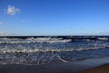 Seascape during a storm with large waves, Carnikava, Latvia. Big and powerful sea waves during the storm 