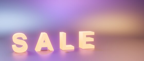 3Dレンダリング／3Dイラスト）光る立体的なSALEの文字　グラデーション　割引　セール　紫　バナー