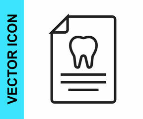 Black line Clipboard with dental card or patient medical records icon isolated on white background. Dental insurance. Dental clinic report. Vector