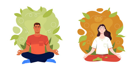 People meditate concept. Man and woman sit in lotus position and clear their minds of negative thoughts. Mental and psychological health. Cartoon flat vector collection isolated on white background