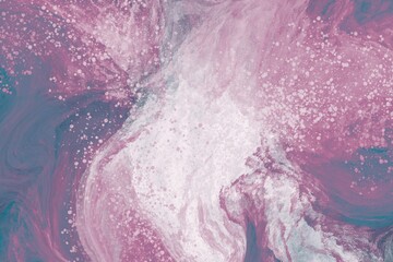 Fototapeta na wymiar pink violet purple watercolor background, clouds, art with painted water, color stains, paint drops on the liquid surface, fluid art, colorful stream 